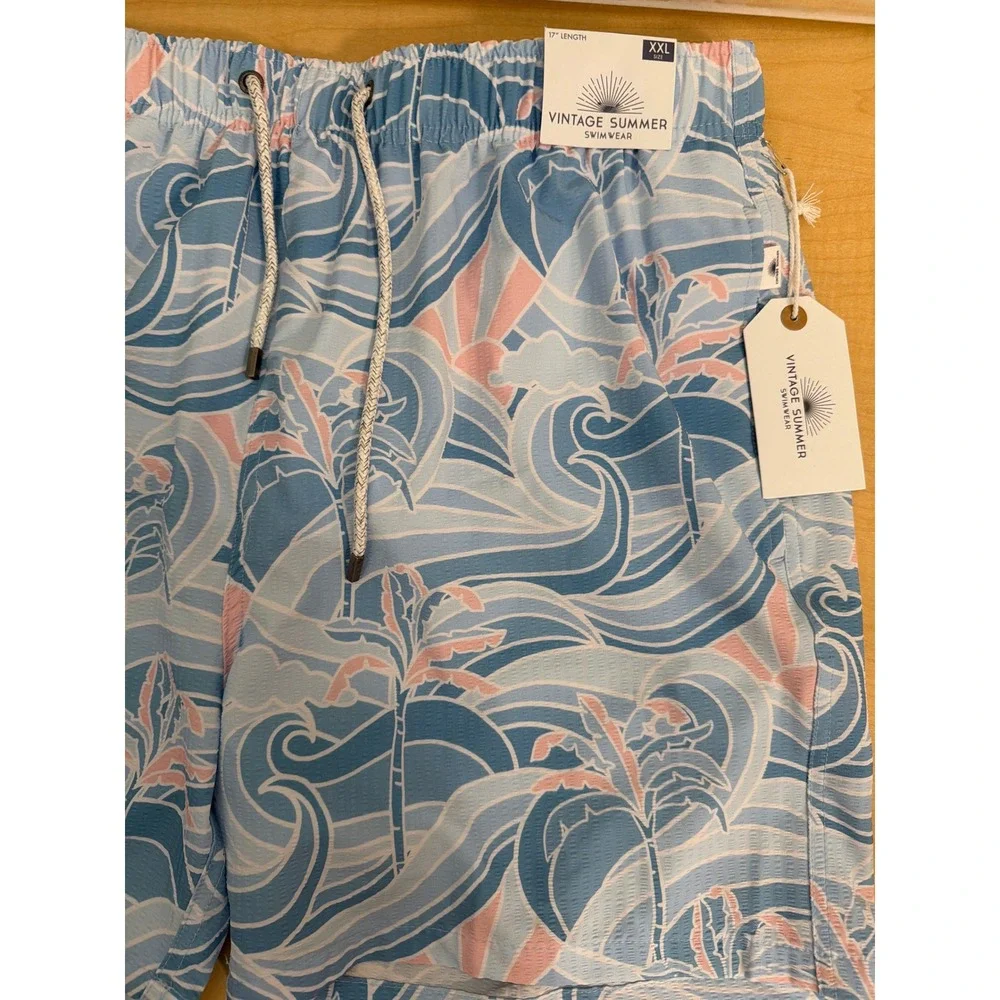 Vintage Summer Mens Blue Pink Tropical Wave Print Swim Trunks XXL 17 Inch Length